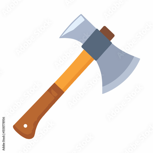 Image shows a doubleheaded axe with a brown handle and gray head positioned diagonally on a white background