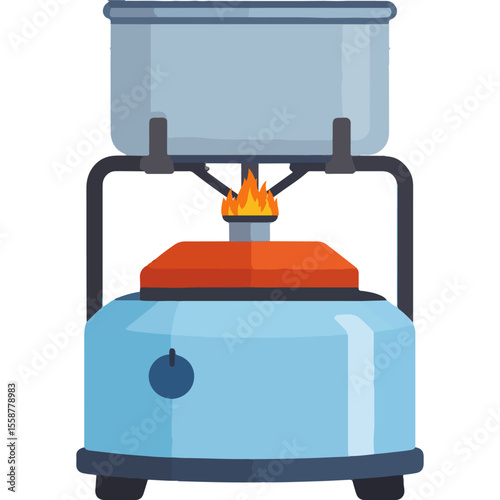 A portable camping stove with a pot and lit flame