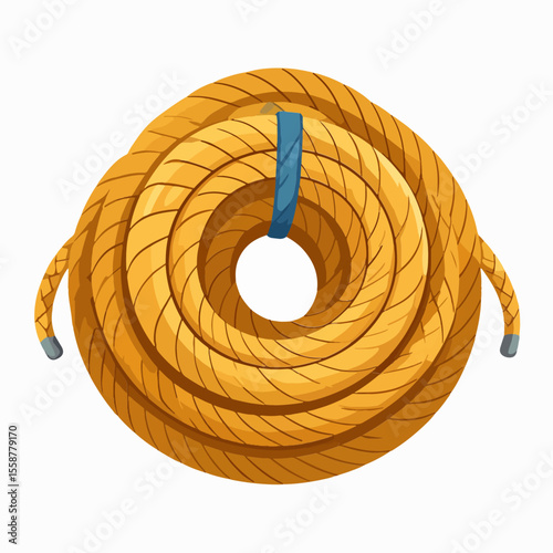 A coiled tan rope is secured by a blue strap creating a round shape with ends peeking out