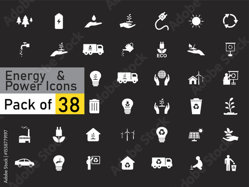 Energy and electricity vector icon pack including 38 flat design symbols of solar panel, battery, plug, windmill, fuel, energy flow, and eco power


