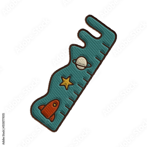 Cute embroidered ruler with stars and alien details. Great for kids' school clipart, digital planners, stickers, cosmic classroom themes.