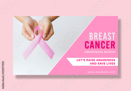 Editable Breast Cancer Awareness Month Web Banner Template – Pink Ribbon Symbol with Hands Holding Support Message
