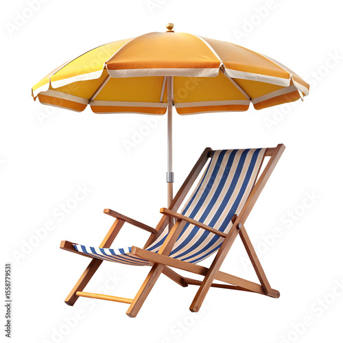 Beach Chair with Sun Umbrella Isolated on Pure White Background

