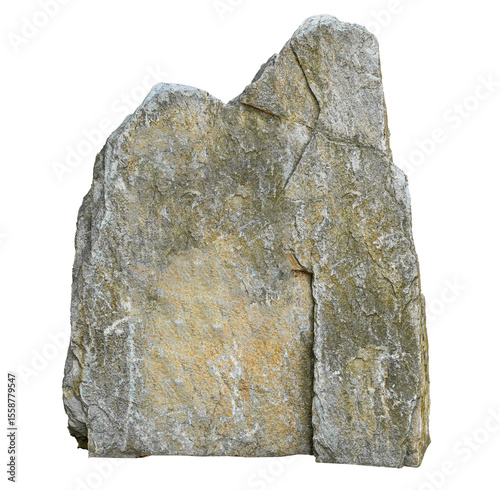 Large monolithic multilayer light gray yellow stone pedestal granite marble block fractured isolated on transparent background closeup.