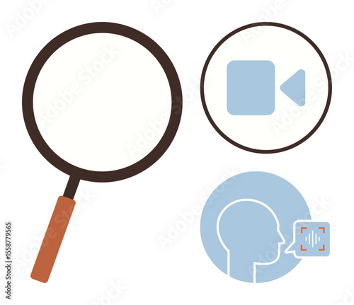 Magnifying glass, video icon, and speech recognition symbol combined to represent exploration, communication, and technology. Ideal for research, accessibility, AI, voice command education media