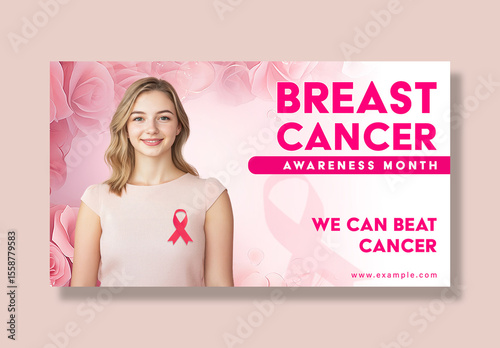 Editable Breast Cancer Awareness Web Banner Template – Floral Pink Background with Smiling Woman and Hopeful Message