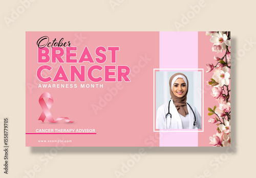 Editable Breast Cancer Awareness Web Banner Template – Female Doctor, Pink Floral Layout, and October Therapy Message