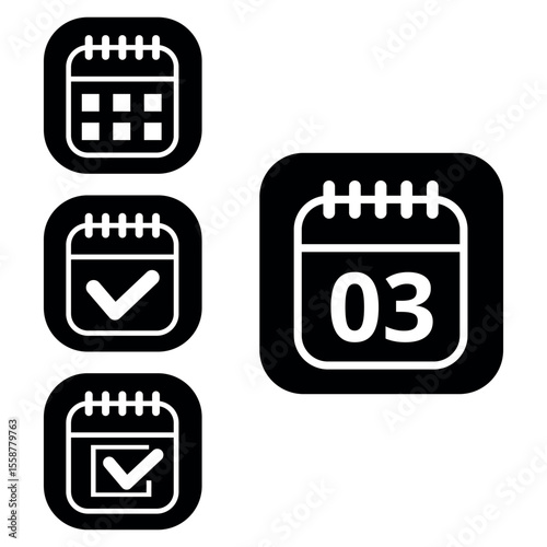 Vector illustration of collection of white calendar icons on black background with rounded ends for websites and graphic resources. Flat calendar icon with specific day marked, day 03.