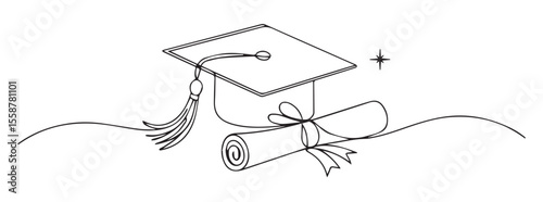 Graduation cap and diploma with tassel and ribbon scroll