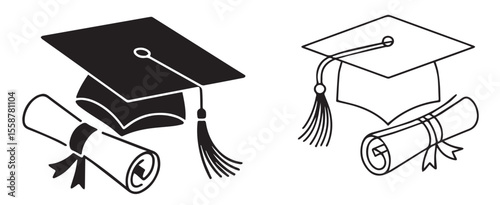 Graduation cap and diploma scroll black and white illustration tassel education