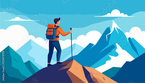 A hiker with a backpack and hiking stick stands atop a peak against a mountain backdrop