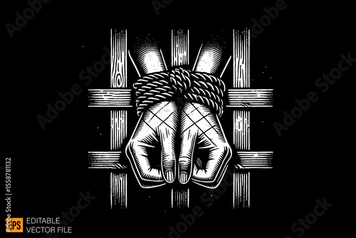 hand tied by rope dark horror art illustration design black and white backgroud templates