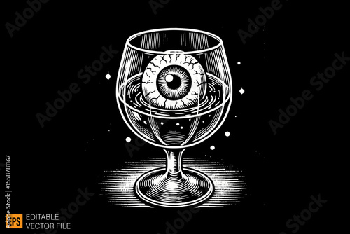 hand holding glass of wine and eye ball on it dark horror art illustration design black and white backgroud templates