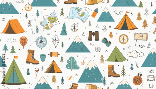 Pattern of hiking gear tents mountains maps boots compasses trees and binoculars on a white background