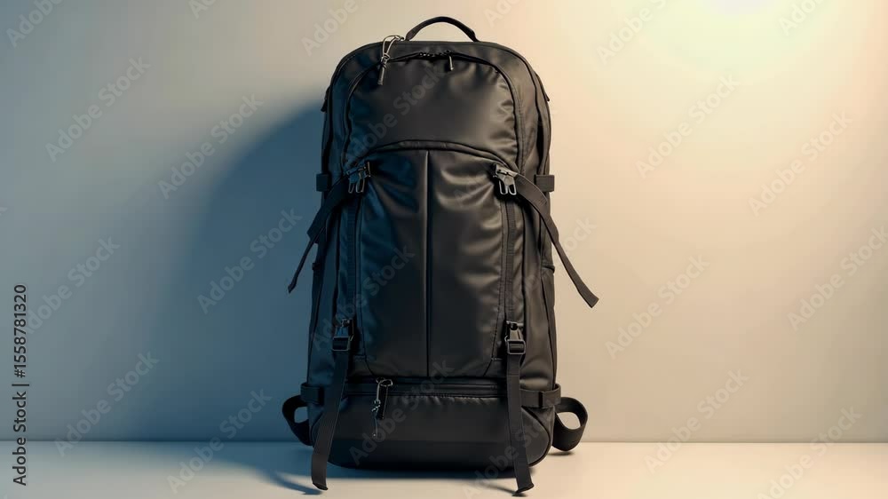 Modern black travel backpack standing against a light background. Versatile and durable gear for adventure, hiking, or daily commuting.
