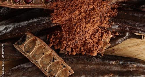 Carob pods and powder on a wooden board, top view, on a rotating table.