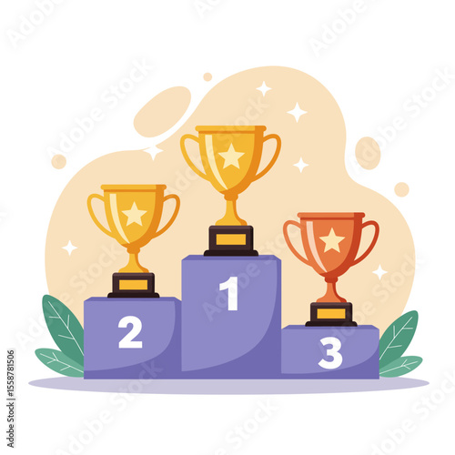 Winners podium with cups. Pedestal with awards for people who took first, second and third place in competition. Prizes for champions. Gold, silver and bronze trophy. Cartoon flat vector illustration