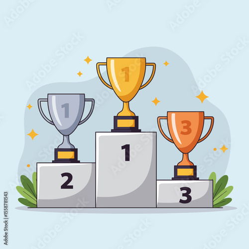 Winners podium with cups. Pedestal with awards for people who took first, second and third place in competition. Prizes for champions. Gold, silver and bronze trophy. Cartoon flat vector illustration