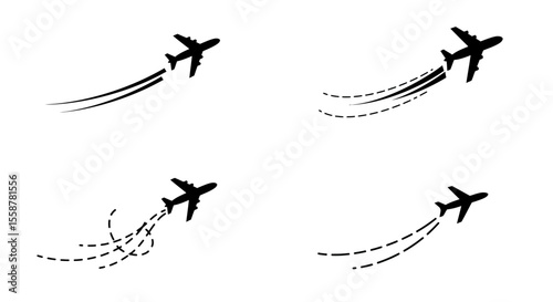 Flying plane with trail symbol. 4 set Aeroplane icon with trace path. and vector illustration.