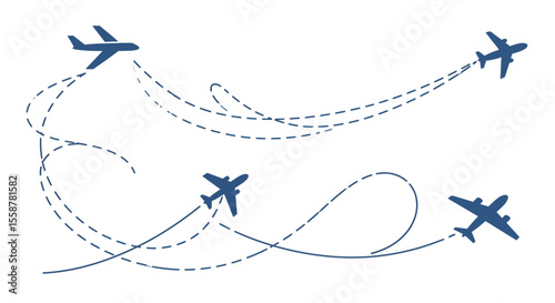 Flying plane with trail symbol. 4 set Aeroplane icon with trace path. and vector illustration.