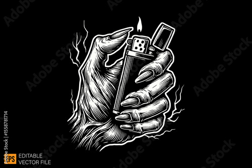 Hand holding lighters dark horror art illustration design black and white backgroud templates