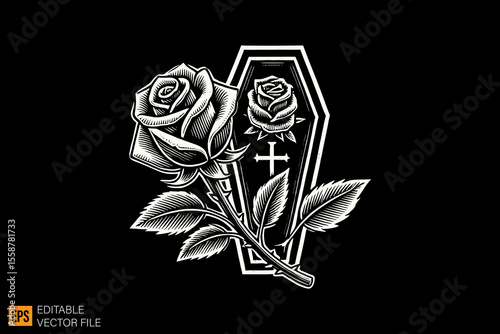 a funerary box coffins dark horror art illustration design black and white backgroud templates
