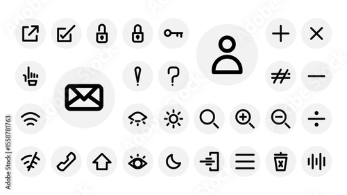 Minimal outline icon set for UI elements like navigation, brightness, security, search, math symbols, and general app functions.
