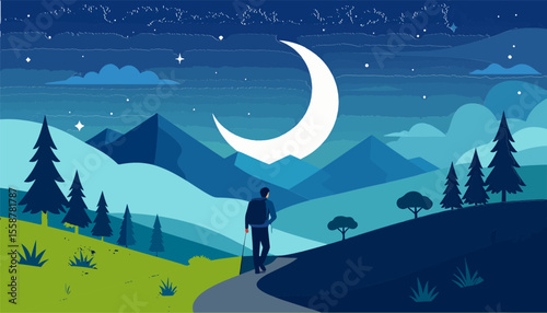 A person hikes a path under a large crescent moon amidst mountains and trees under a starry night sky