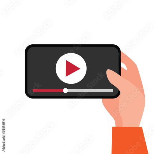 Hand holding smartphone with online video player on screen. App on phone for watching video. vector illustration