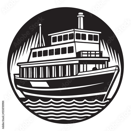 Vintage Style Ferry Boat Illustration Black and White Vessel Design