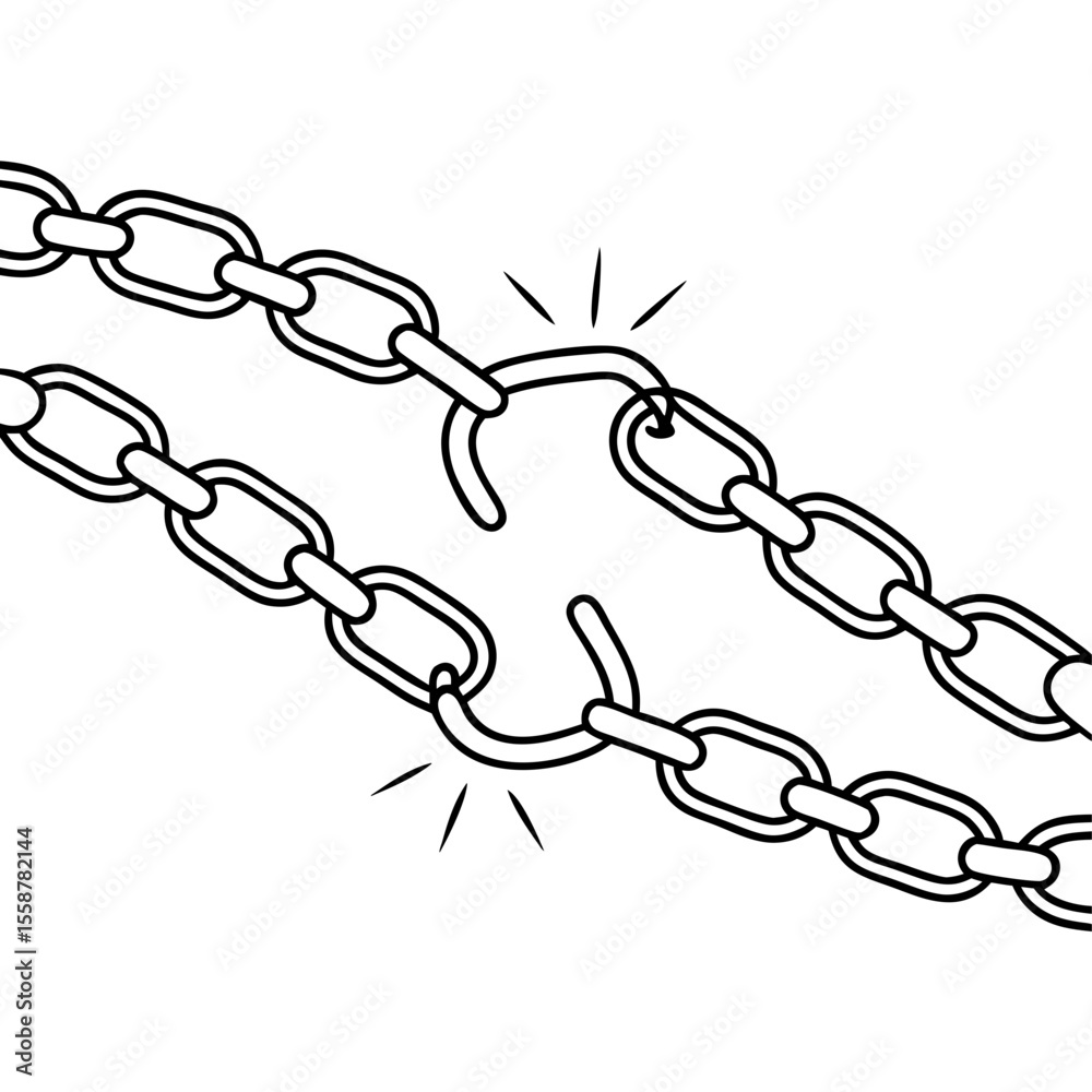 Obraz premium Broken chain links illustration. Two metal chains separated showing broken links. This line art image of freedom is perfect for posters and design projects related to freedom, independence.