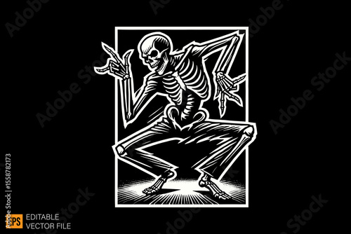 Skeleton dancing  dark horror art illustration design black and white backgroud templates