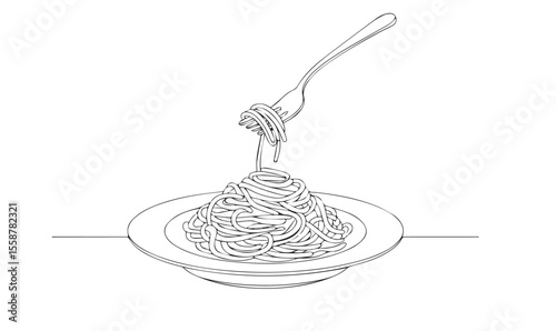 Minimalist line drawing of spaghetti on a plate with a fork pasta food