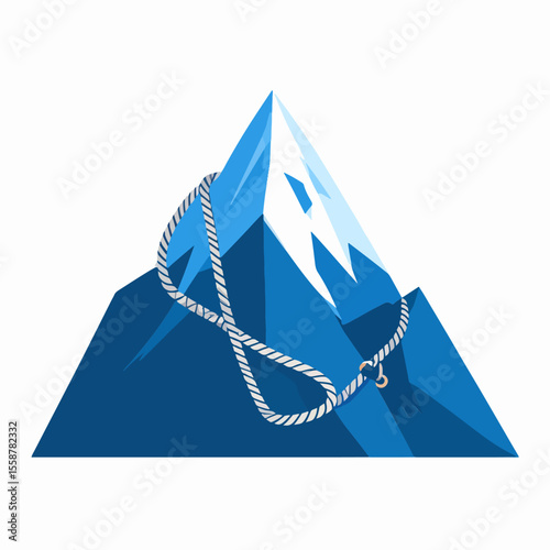 A blue mountain peak with snow on top and a white climbing rope draped across it