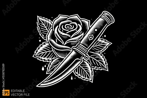 knife and rose dark horror art illustration design black and white backgroud templates