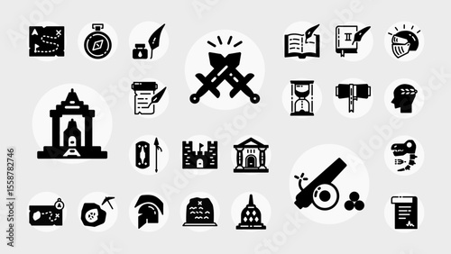 A bold solid icon collection illustrating history, archaeology, war relics, and ancient cultures. Ideal for apps, infographics, or learning tools.