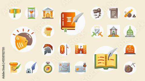 A detailed icon set featuring history, ancient artifacts, maps, and archaeology—ideal for education, museums, games, or cultural projects.
