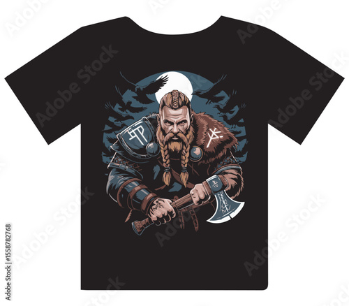 Viking Warrior T Shirt Design with Axe and Armor in Dark Fantasy Style

