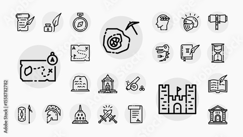 A clean line icon pack representing history, ancient cultures, exploration, and archaeology. Perfect for education, infographics, or historical games.