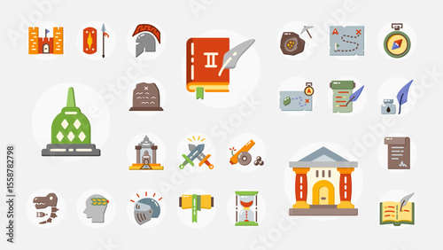 A colorful flat icon set about archaeology, historical objects, ancient maps, war tools, fossils, and old scripts. Great for education or museum use.