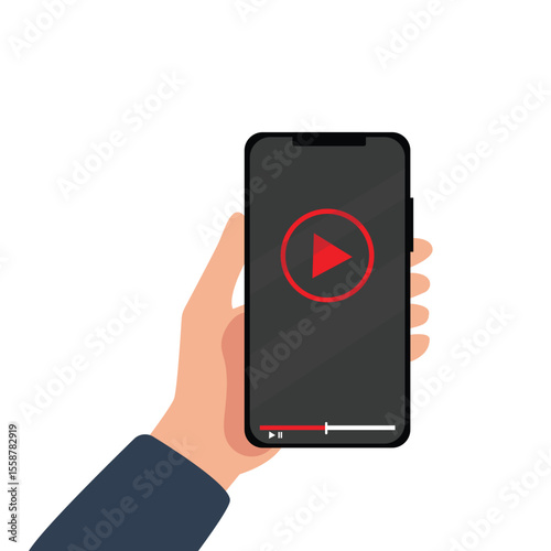 Hand holding smartphone with online video player on screen. App on phone for watching video. vector illustration