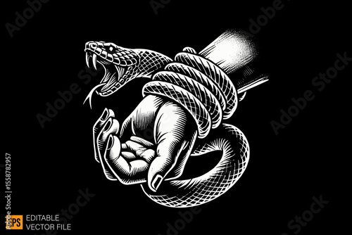 hand tied by snake dark horror art illustration design black and white backgroud templates