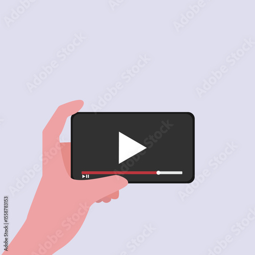 Hand holding smartphone with online video player on screen. App on phone for watching video. vector illustration
