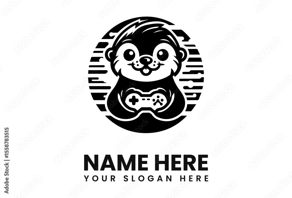 Obraz premium A cute cartoon otter character holding a video game controller, within a circular design.