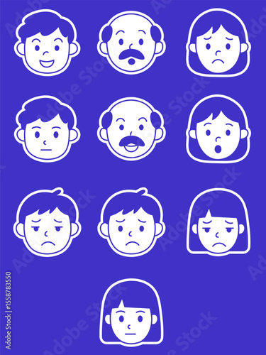 Diverse Flat Face Avatar Expressions Set