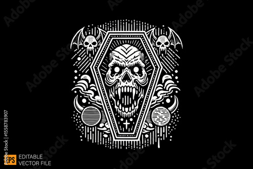 a funerary box coffins dark horror art illustration design black and white backgroud templates