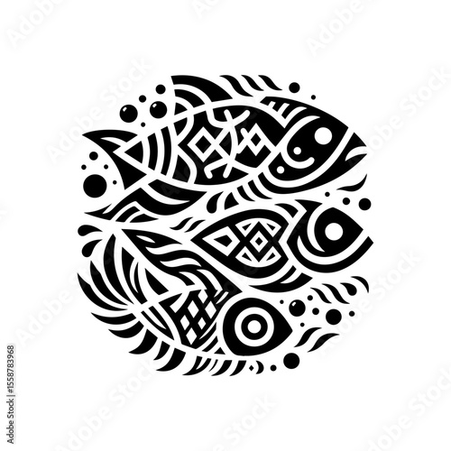 Simple tribal fish pattern in black, flat color, white background