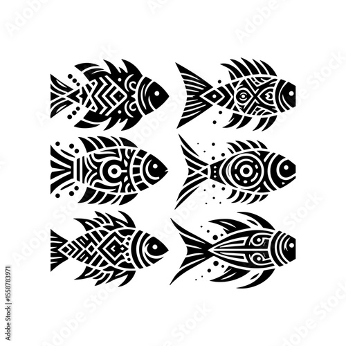 Simple tribal fish pattern in black, flat color, white background