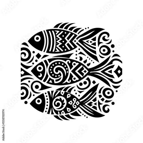 Simple tribal fish pattern in black, flat color, white background