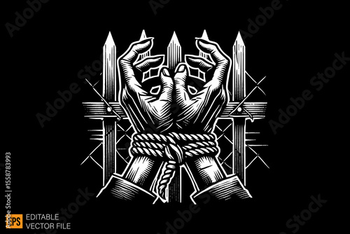 hand tied by rope dark horror art illustration design black and white backgroud templates